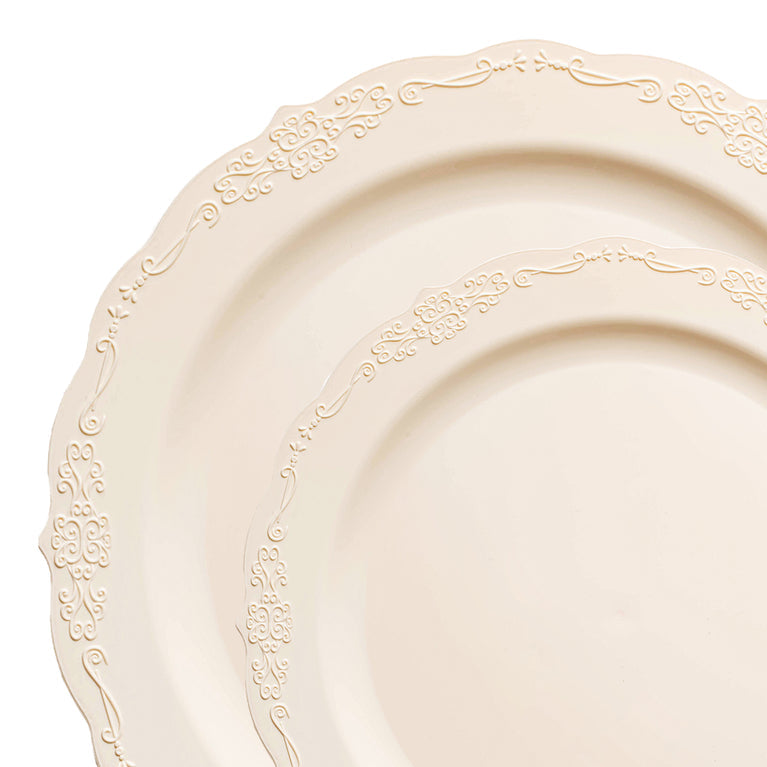Ivory Vintage Round Disposable Plastic Dinnerware Value Set