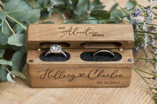Personalized Slim Double Slot Wedding Ring Box. Engraved Flip Top Ring