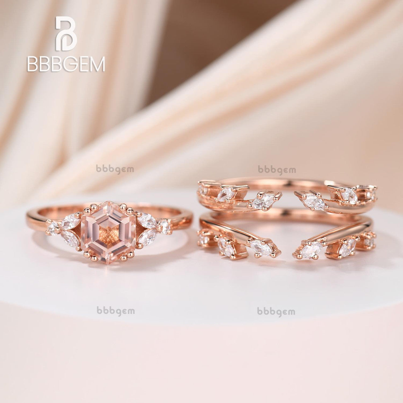 Flower Hexagon Cut Morganite Engagement Ring Set Unique Marquise Leaf Open Diamond Wedding Band
