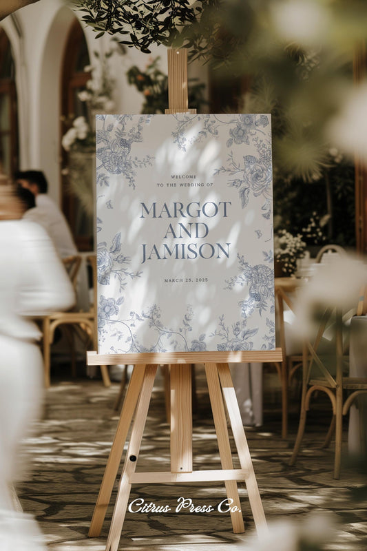 French Blue Floral Wedding Welcome Sign | Printable Template