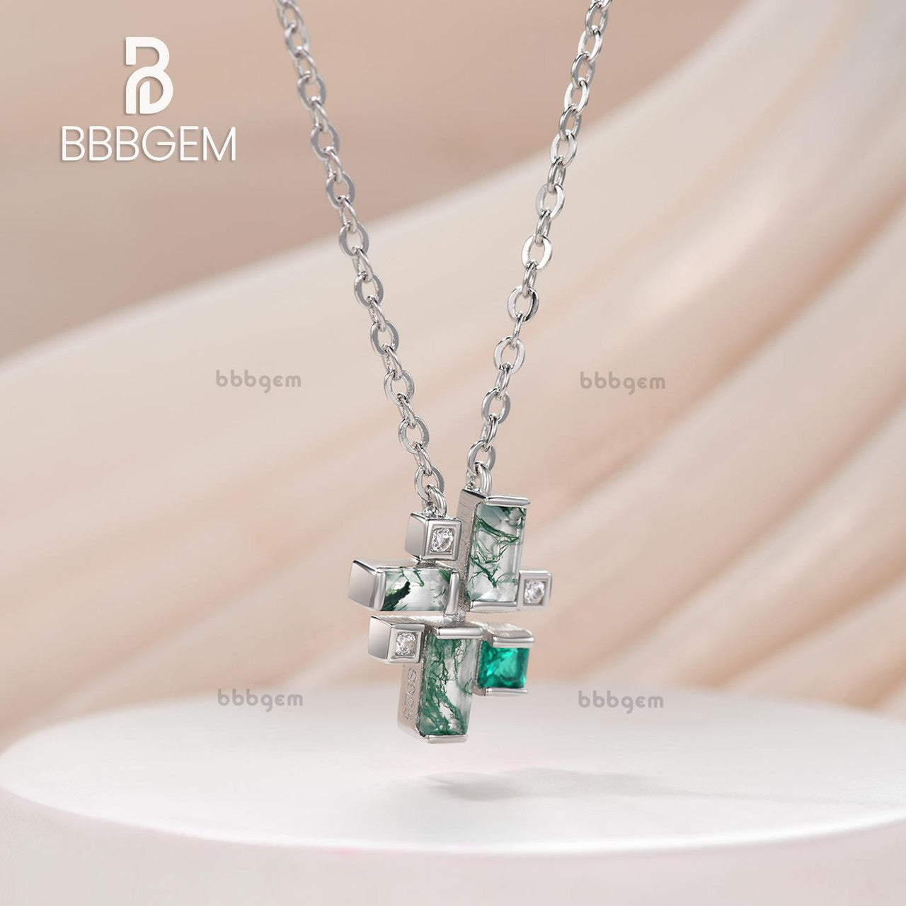 Geometric Tetris Pendant Art Deco Baguette Moss Agate and Diamond 14K White Gold Pendant Fashion Hipster Jewelry