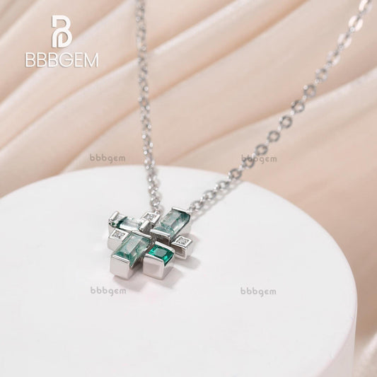 Geometric Tetris Pendant Art Deco Baguette Moss Agate and Diamond 14K White Gold Pendant Fashion Hipster Jewelry