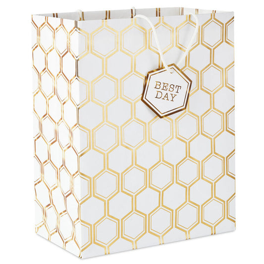 13" Gold Foil Hexagons on White Large Gift Bag