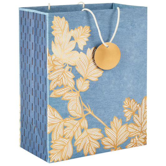 13" Gold Leaves on Chambray Blue Large Gift Bag