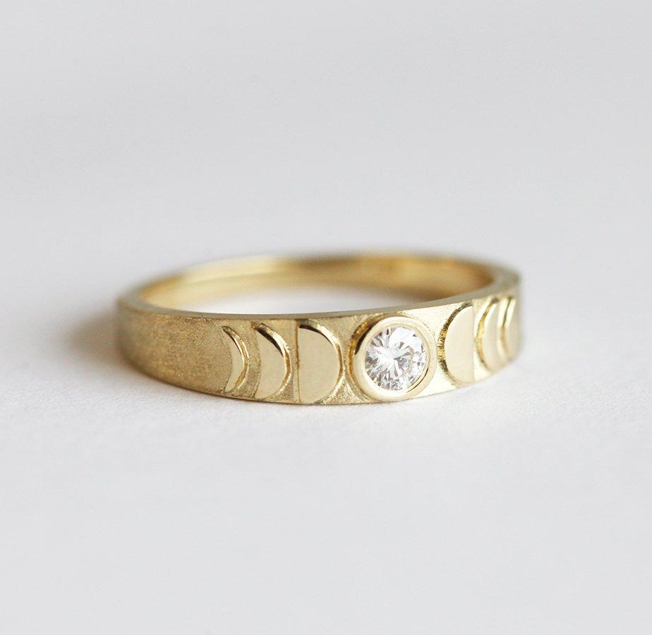 Gold moon phase ring, diamond ring 14k