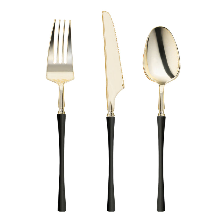 Gold with Black Handle Moderno Disposable Plastic Cutlery Set - 20 Spoons, 20 Forks and 20 Knives