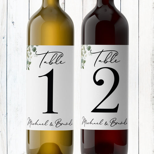 Eucalyptus Wedding Table Number Wine Labels