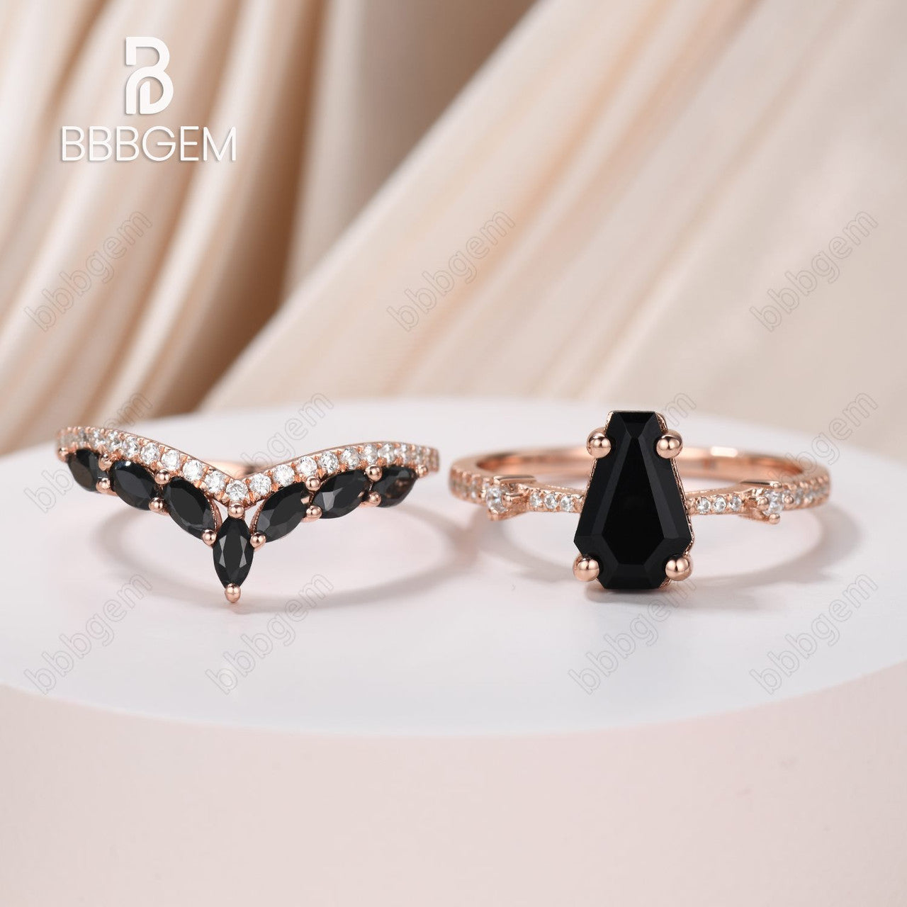 Gothic Coffin Shaped Wedding Set Black Onyx 14k Gold Ring & Marquise Cut Black Spinel Band