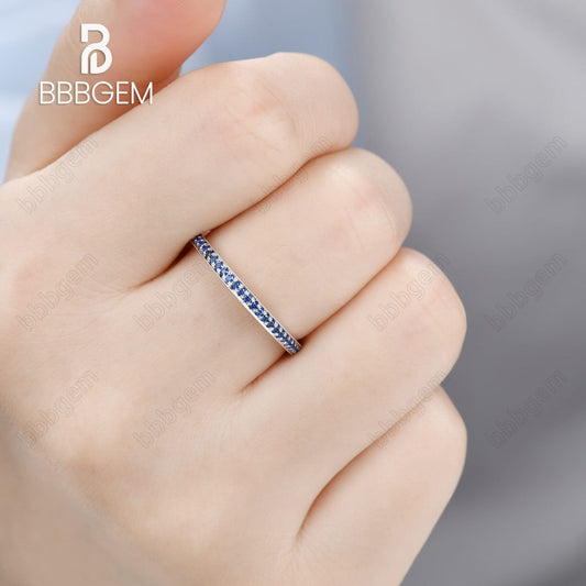 Grain Set & Mill-Grain Sapphire Wedding Band Half Eternity 1.5mm White Gold