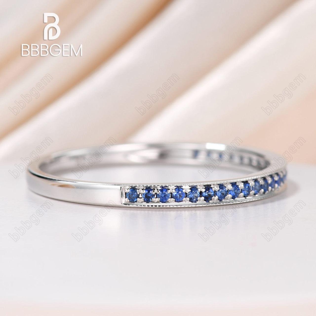 Grain Set & Mill-Grain Sapphire Wedding Band Half Eternity 1.5mm White Gold