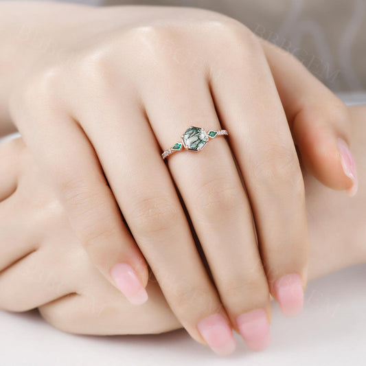 Geometric Rose Gold Green Moss Agate Ring Shaped Cut Hexagon Moss Agate Emerald Engagament Rings