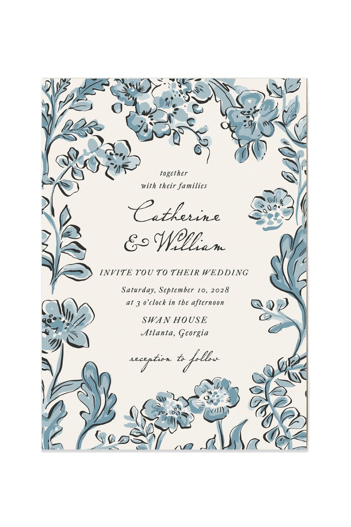 Doodle Blue Floral Wedding Invitation | Catherine