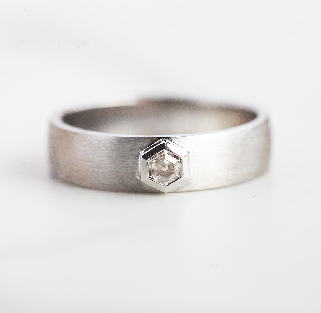 Hexagon diamond band, gemstone mens band