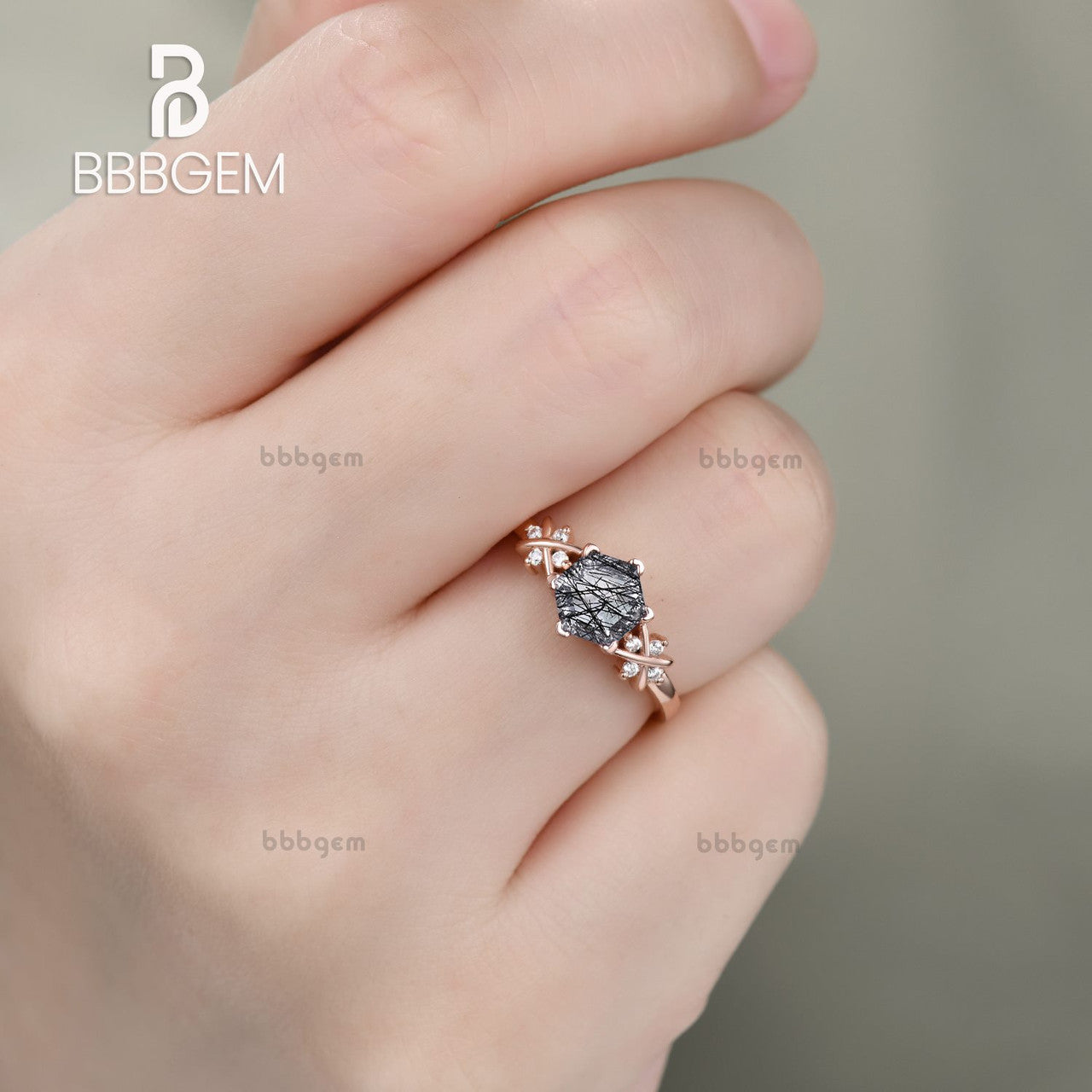 Hexagon Cut Black Rutilated Quartz Rose Gold Engagement Ring Crossover Diamond