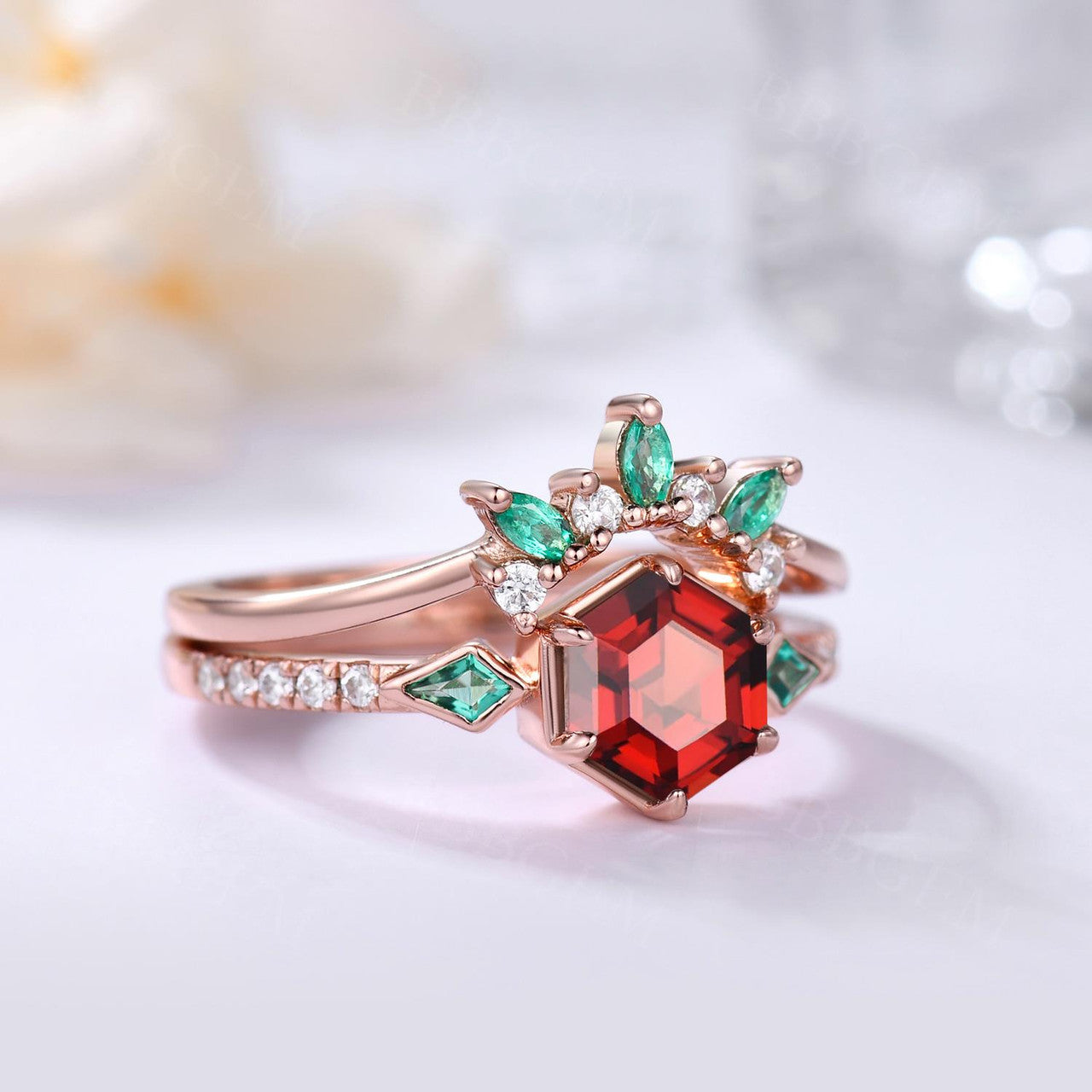18K Rose Gold Garnet and Emerald Hexagon Engagement Ring Set Vintage Three Stone Bridal Set