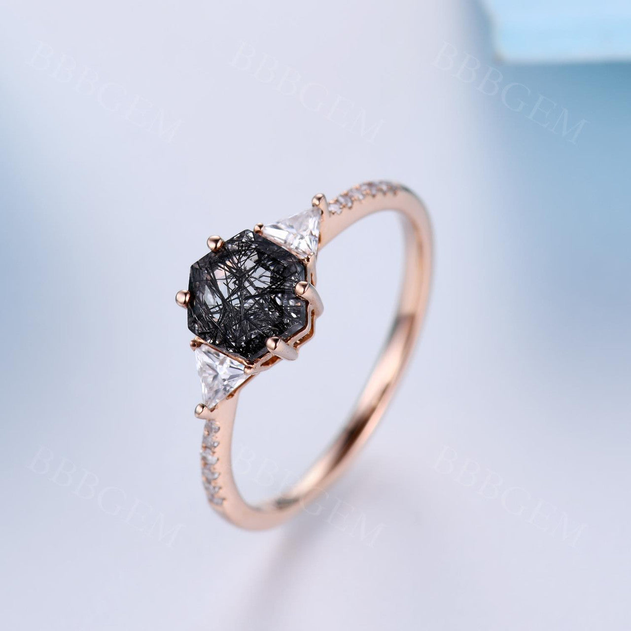 Hexagon Black Rutilated Quartz Engagement Ring Diamond Ring