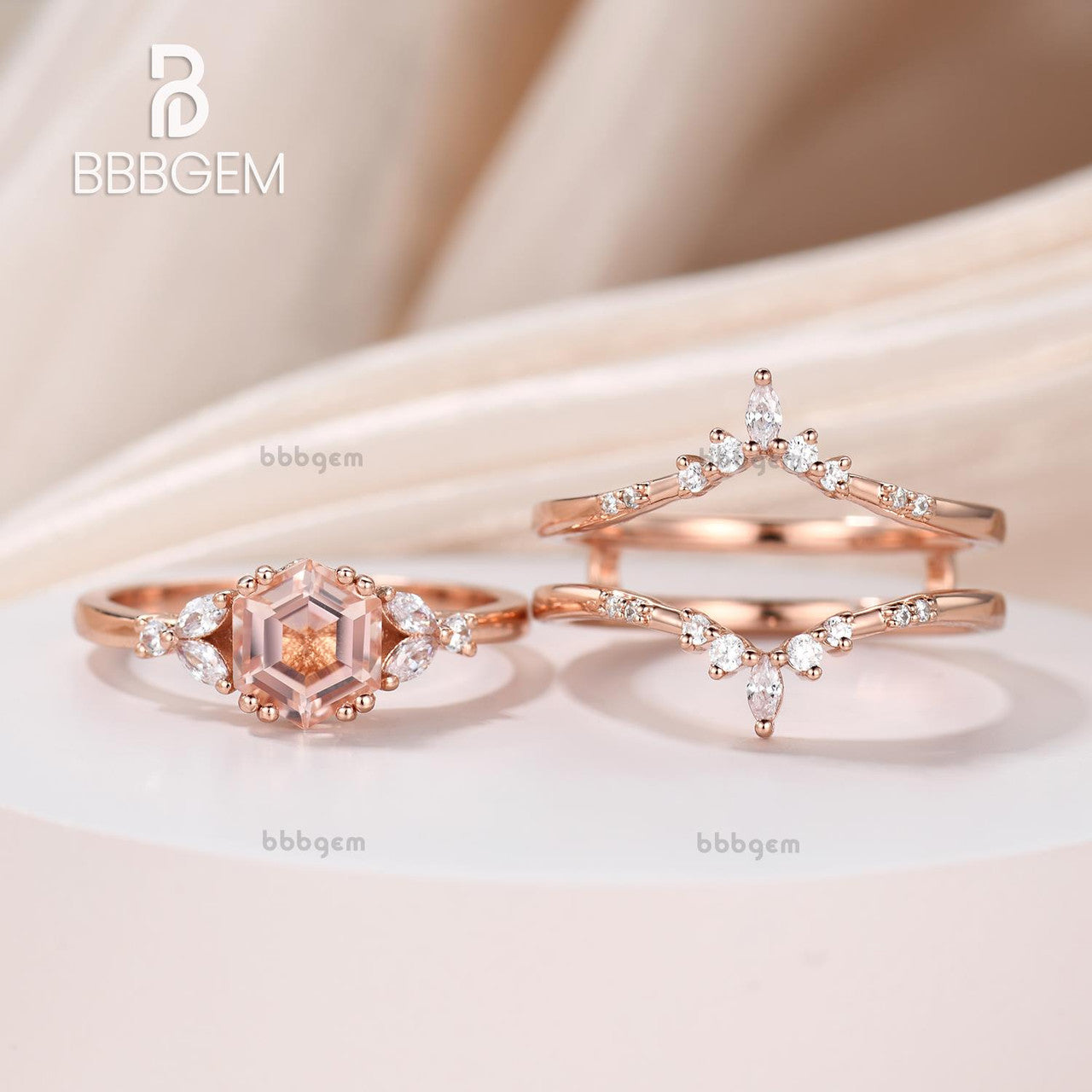 Hexagon Morganite Engagement Ring Set Diamond Ring Wraps & Enhancer Band for Hexagon Gemstone