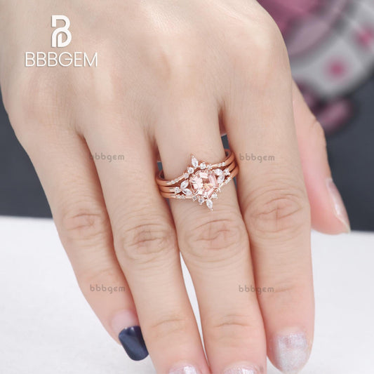 Hexagon Morganite Engagement Ring Set Diamond Ring Wraps & Enhancer Band for Hexagon Gemstone