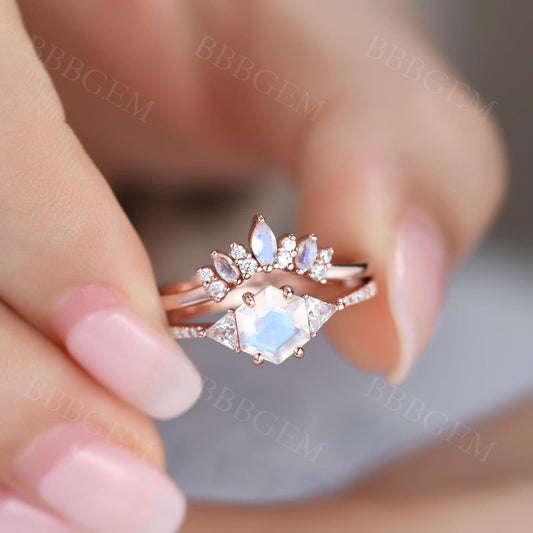 Hexagon Moonstone Engagement Ring Set 14K Rose Gold Bridal Set Side Triangle Moissanite Diamond Bridal Set