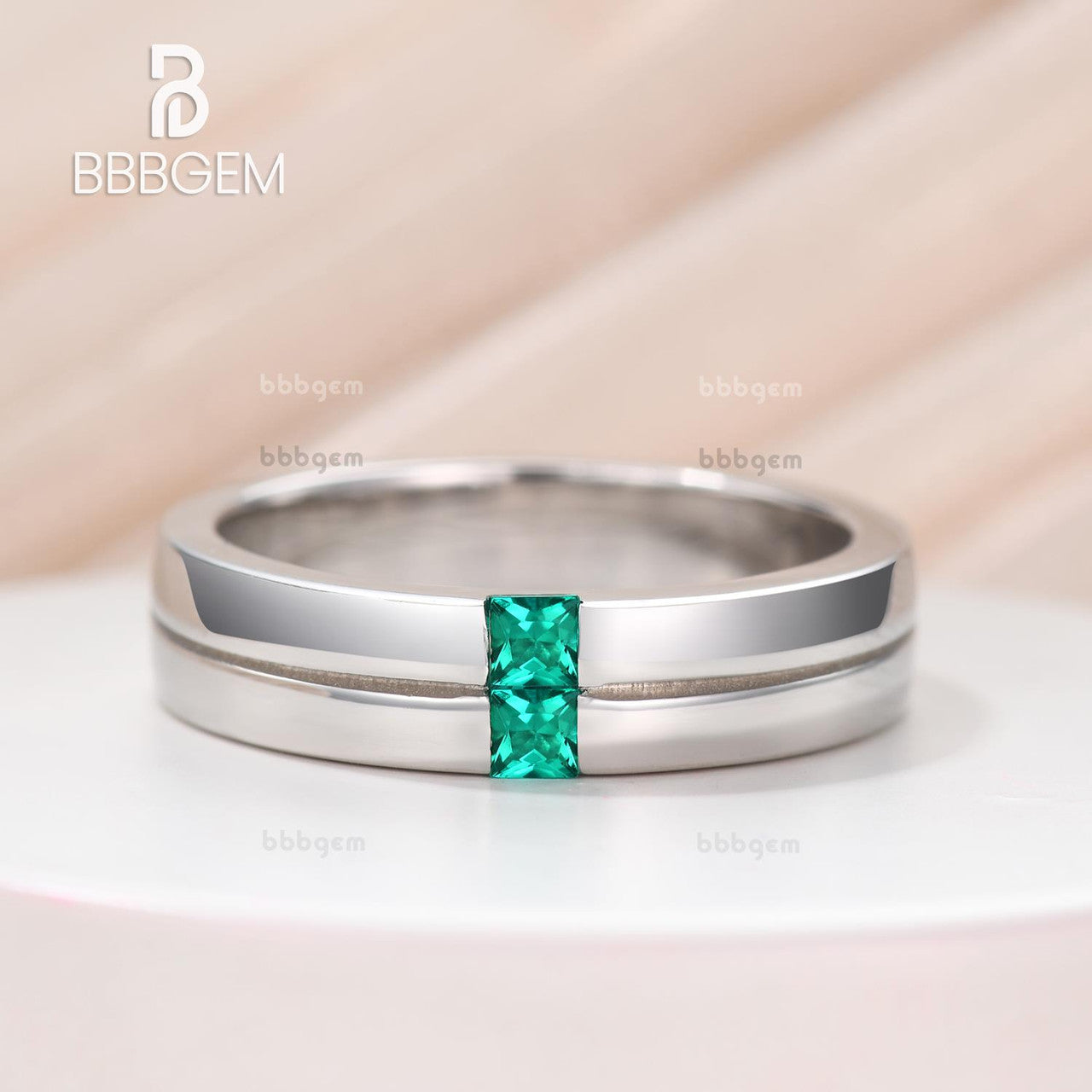 2.5mm Princess Green Emerald Men's 2 Stone Band With Stripe Line Pattern You & Me Couple Gender-neutral Ring