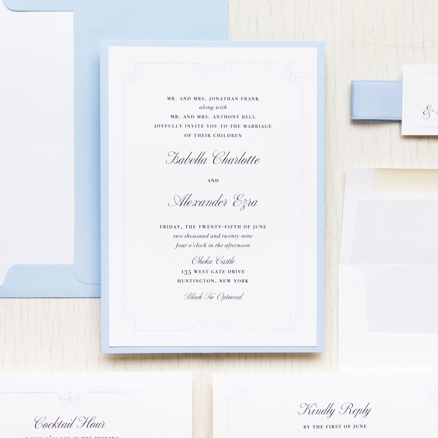 Elegant Blue Script Wedding Invitations