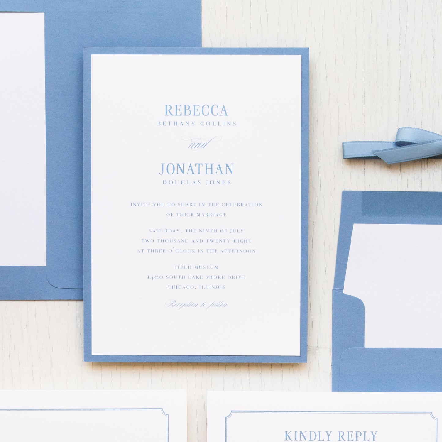 Dusty Blue Bow Formal Wedding Invitations