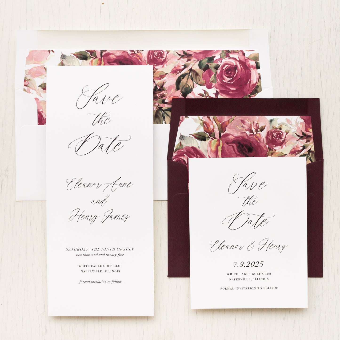 Burgundy Script Save The Dates