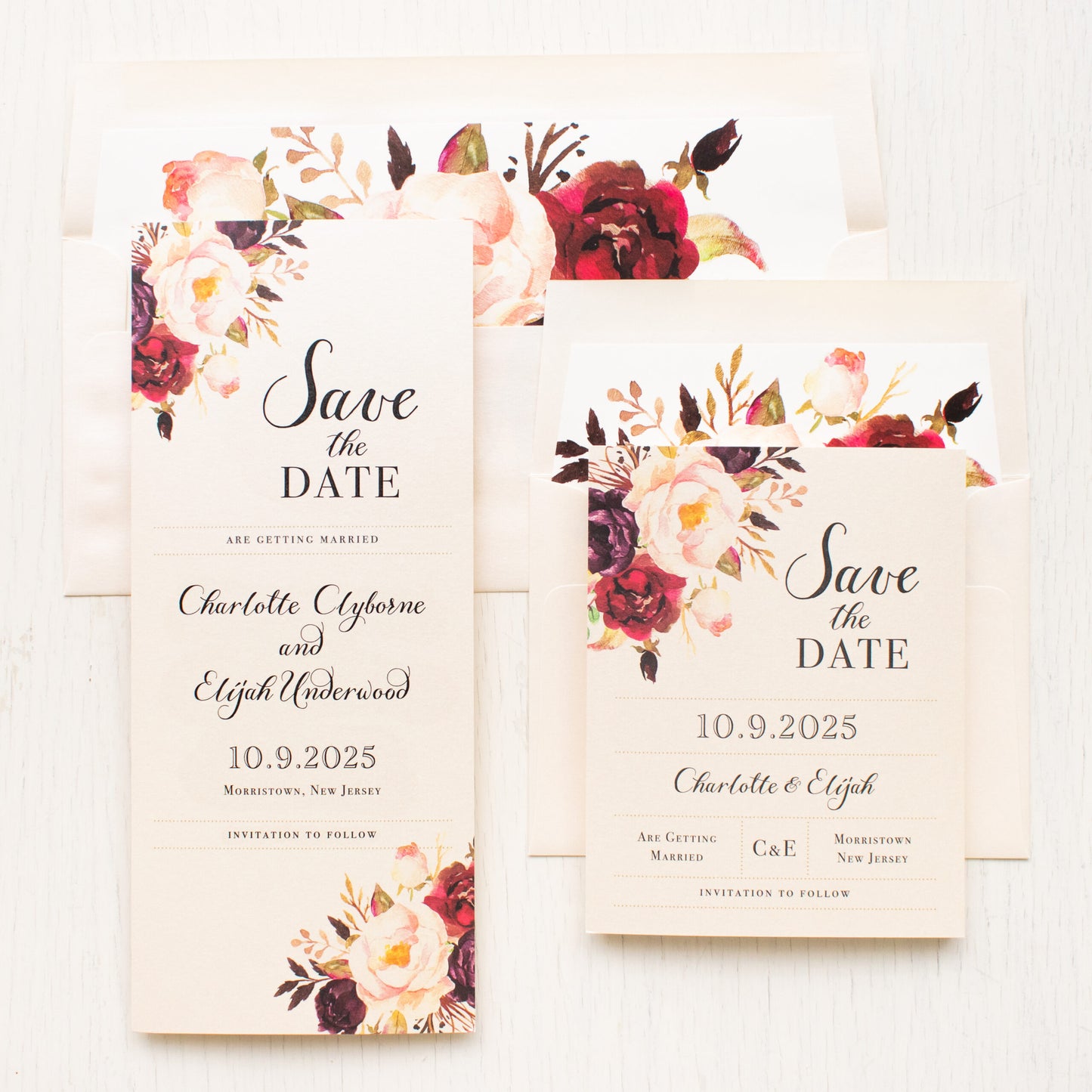 Burgundy Floral Save The Dates