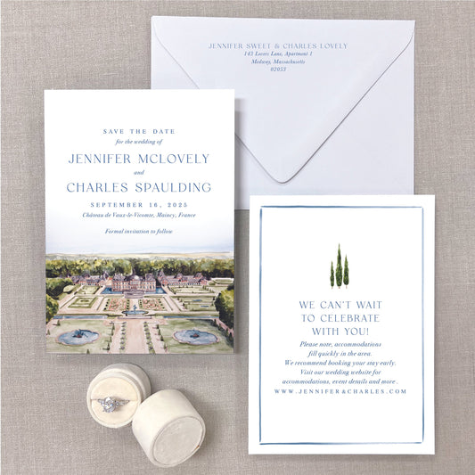 Chã‚Teau De Vaux-Le-Vicomte (Aerial View), Maincy, France, Watercolor Venue Save The Dates