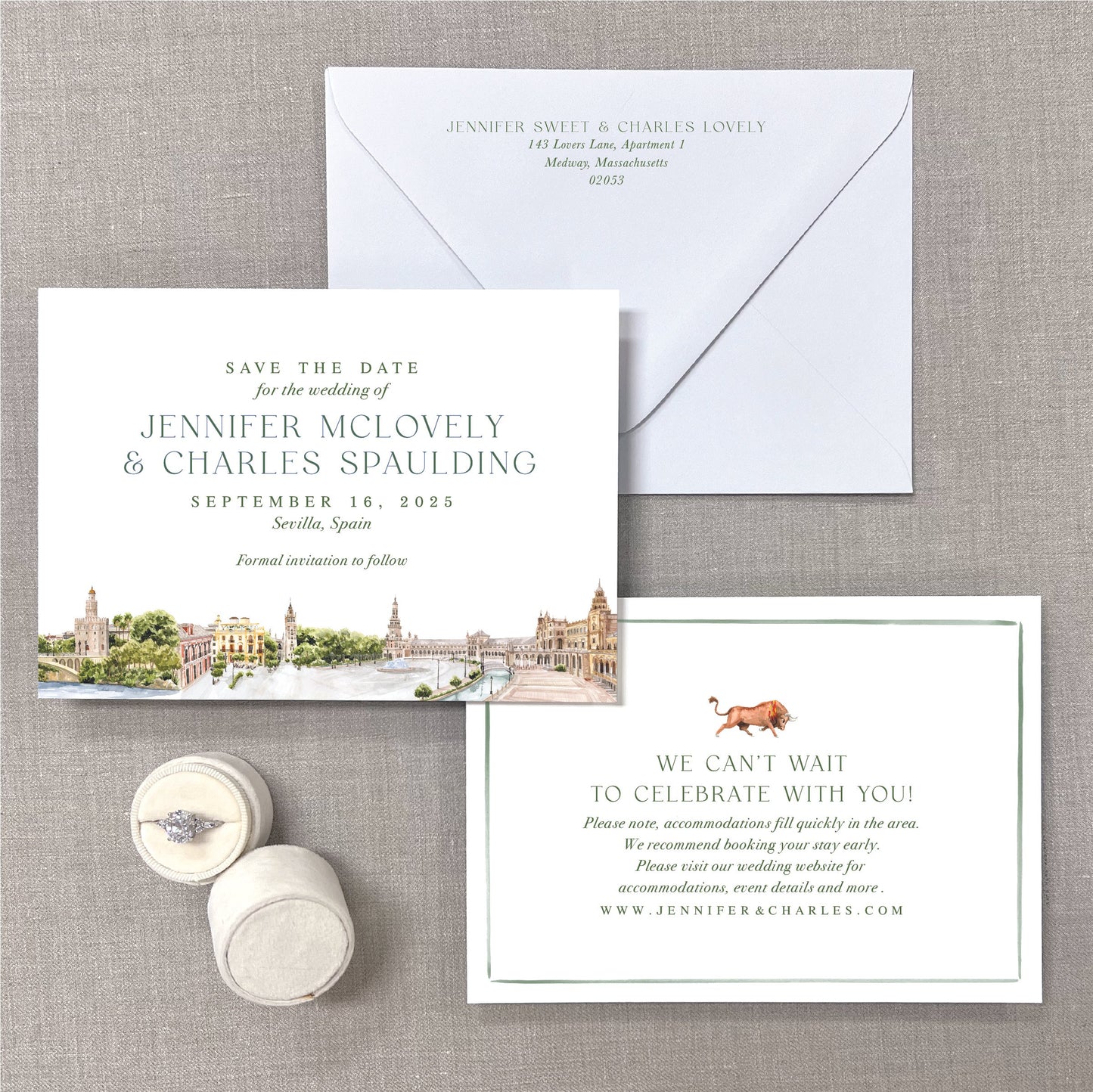 Sevilla, Seville, Spain, Watercolor City Scene Save The Dates