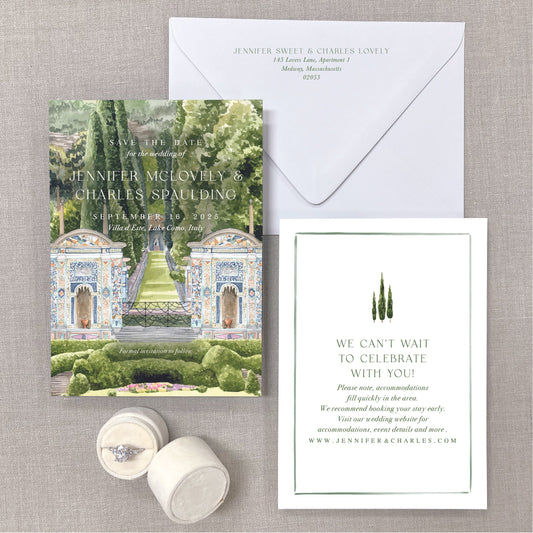 Villa D'Este, Lake Como, Italy, Watercolor Venue Save The Dates