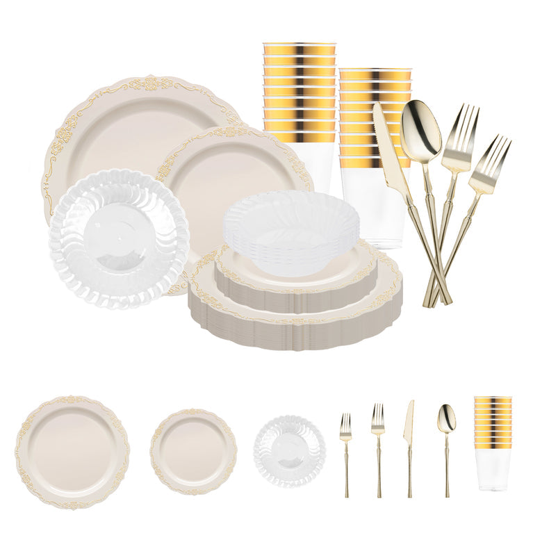 Ivory with Gold Vintage Disposable Plastic Tableware Set