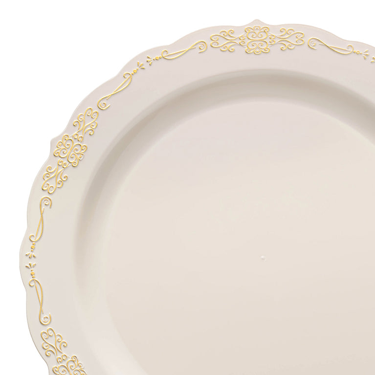 Ivory with Gold Vintage Rim Round Disposable Plastic Dinner Plates (10")