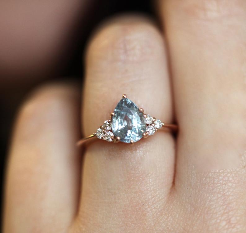 Jeanie Silvery Blue-Green Sapphire Ring w/ Diamond Clusters