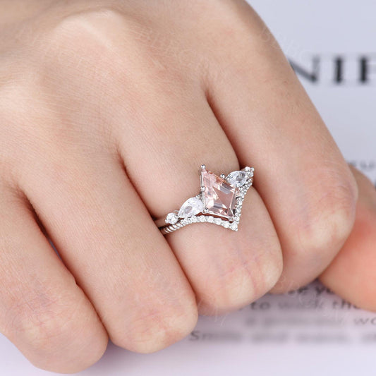 Kite-Shaped Step Cut Peach Morganite Stone Wedding Ring Set White Gold Jewelry