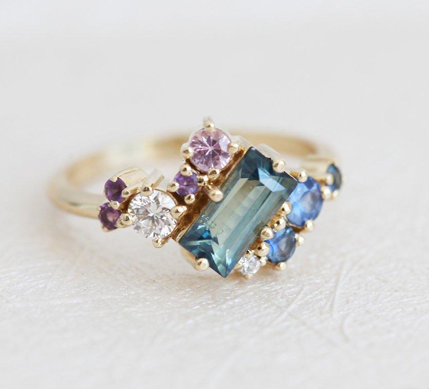 Lila Teal Blue Sapphire Amethyst Diamond Cluster Ring