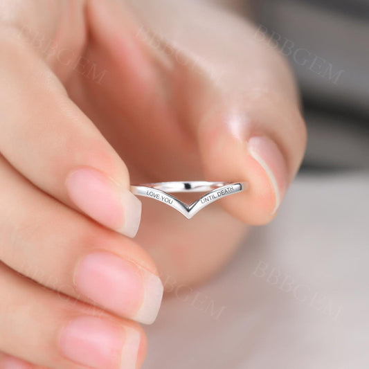 Engraved Ring Band White Gold for Couples Silver Band Ring Engraving Love V Shaped