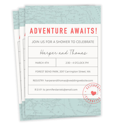 Adventure Awaits Flat Wedding Shower Invitation