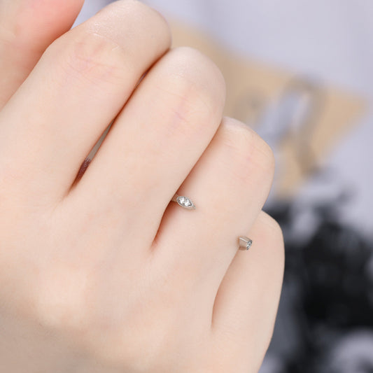 Double Natural Diamond Marquise Open Ring 14k White Gold Adjustable Diamond Open Cuff Ring