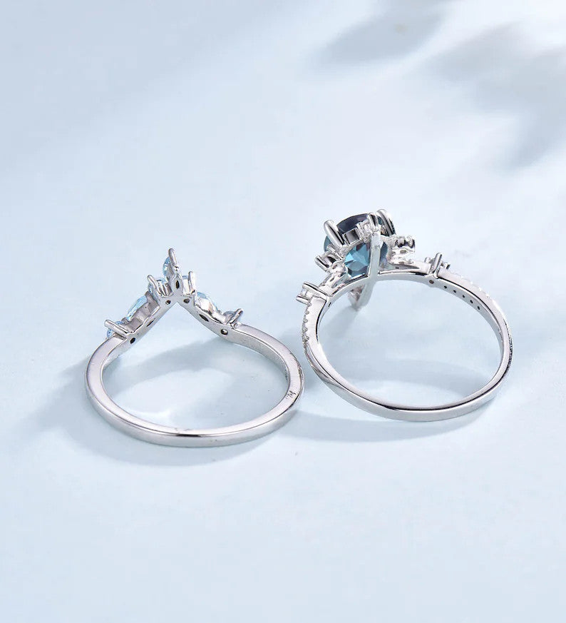 0.8CT Teardrop Moss Agate Engagement Ring Blue Topaz Stacking Band