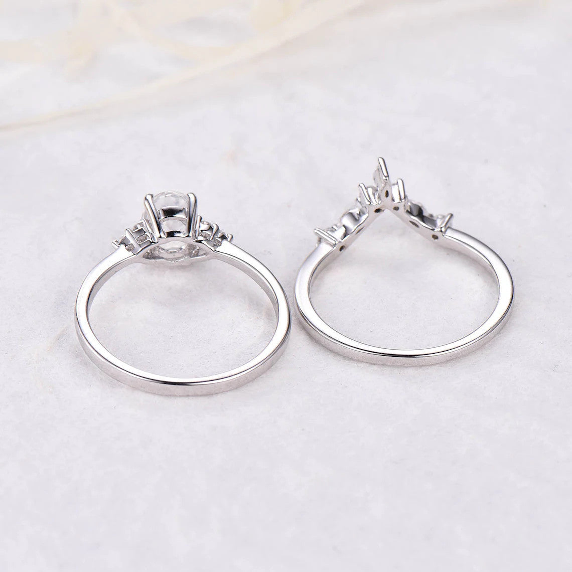 1CT Oval Cut Moss Agate Engagement Ring Set Moissanite Matching Band White Gold