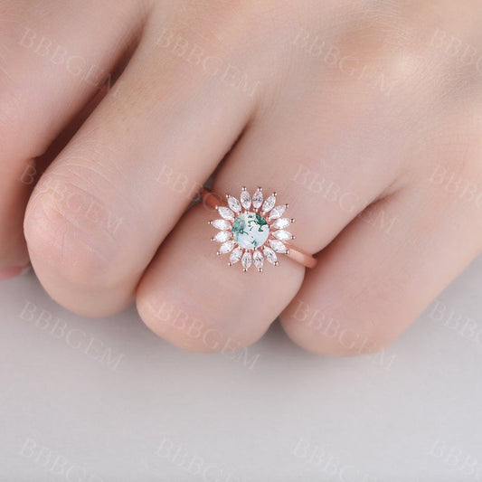 0.5CT Sunflower Floral Round Cut Moss Agate Engagement Ring Diamonds Halo Ring Rose Gold