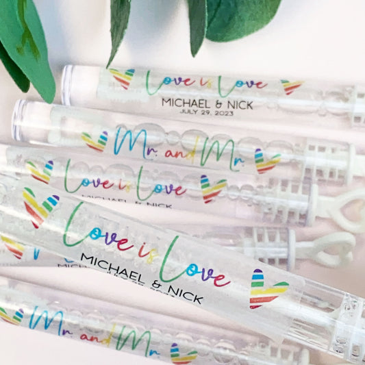 Rainbow Heart Wedding Bubble Labels