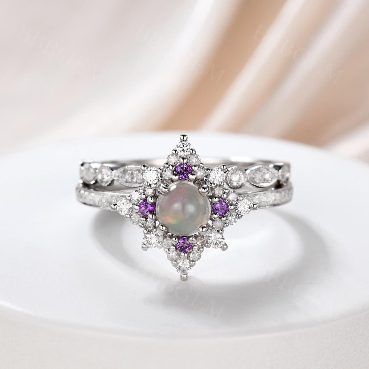Fire Opal Engagement Ring Set Amethyst Diamond Opal Ring
