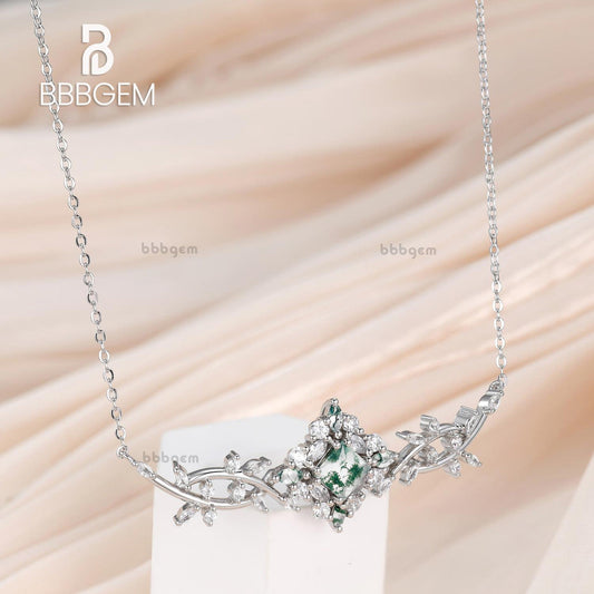 6mm Princess Green Moss Agate Filigree Vine Art Deco Necklace Vintage Style