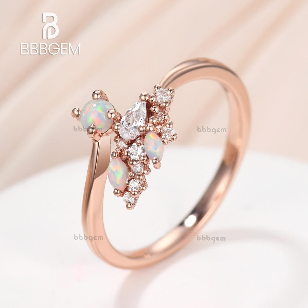 Fashion Dainty Multi-shaped Opal Moissanite Cluster Bypass Ring 14K Rose Gold With Diamond Accents