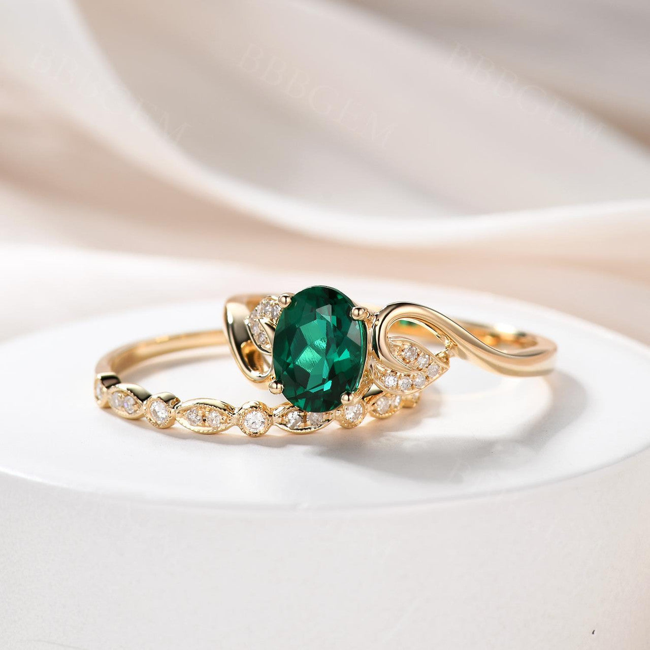 1.2 Carat Emerald Engagement Ring Set Diamond Matching Band Rose Gold Vintage Flower Stacking 14K/18K