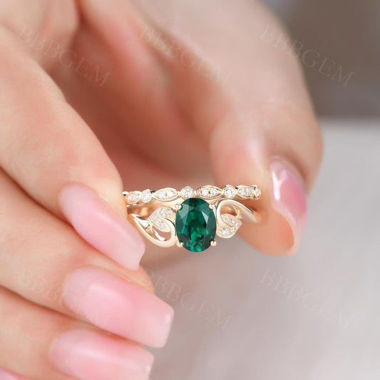 1.2 Carat Emerald Engagement Ring Set Diamond Matching Band Rose Gold Vintage Flower Stacking 14K/18K