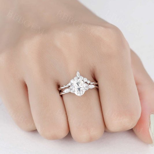 1.5CT Oval Cut Moissanite Promise Ring Curved Moissanite Matching Band
