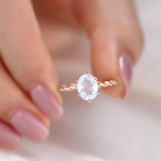 14K Rose Gold 1 Carat Moonstone June Birthstone Solitaire Ring With Twisted Rope Band
